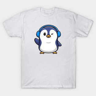 Cute Penguin Wearing Earmuff Cartoon Vector Icon Illustration T-Shirt